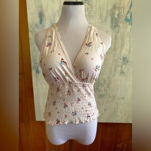American Eagle Women’s Medium 
Smocked Cropped Halter Top Cream Floral Festival